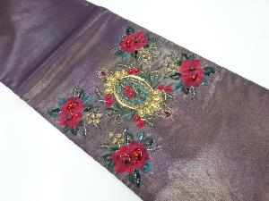 リサイクル　スパンコール・ビーズ草花模様刺繍袋帯